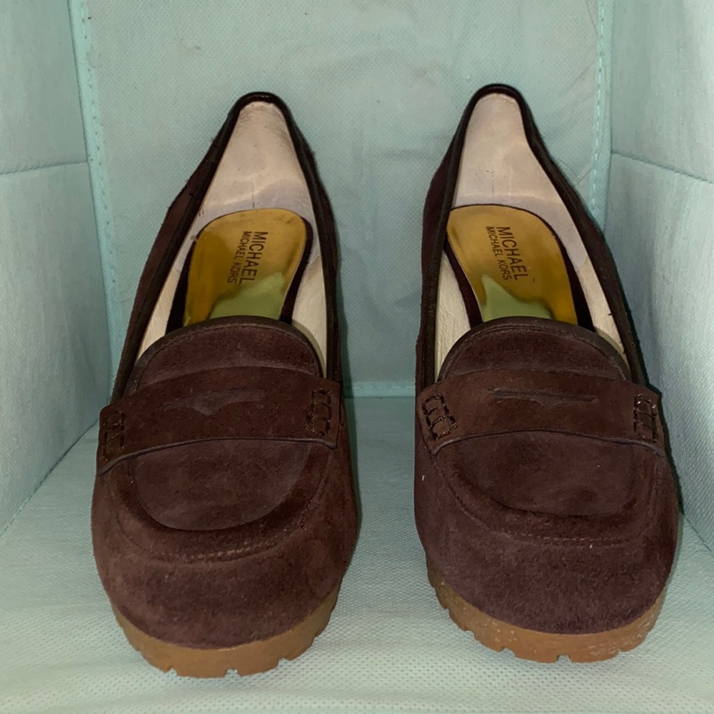 Michael Kors Brown wedge suede penny loafer never worn